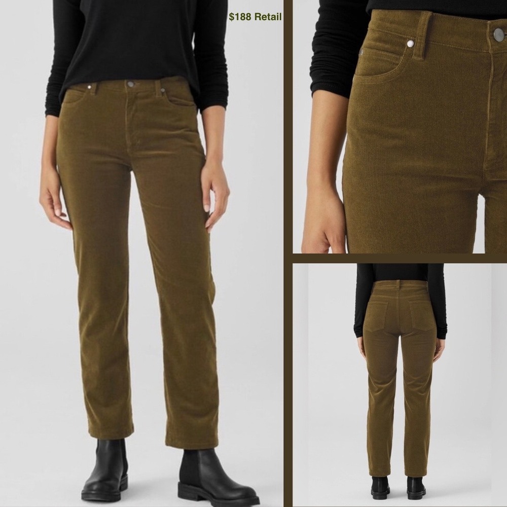 EILEEN FISHER Organic Cotton Stretch Corduroy Straight Pant XL Green Earthy Fall